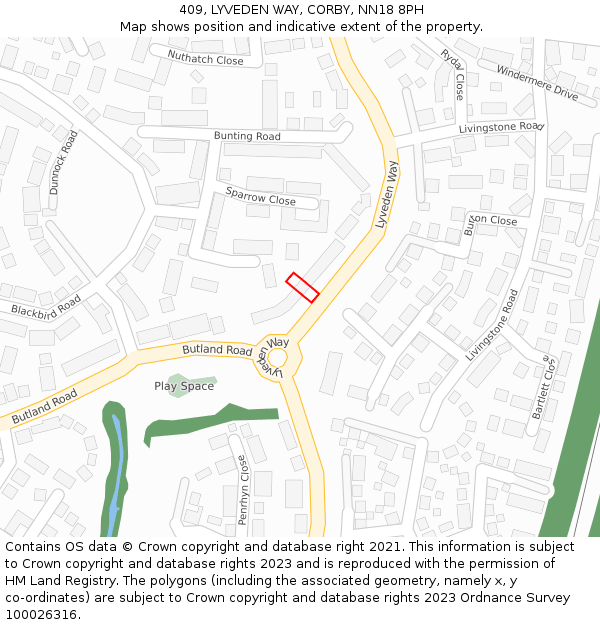 409, LYVEDEN WAY, CORBY, NN18 8PH: Location map and indicative extent of plot