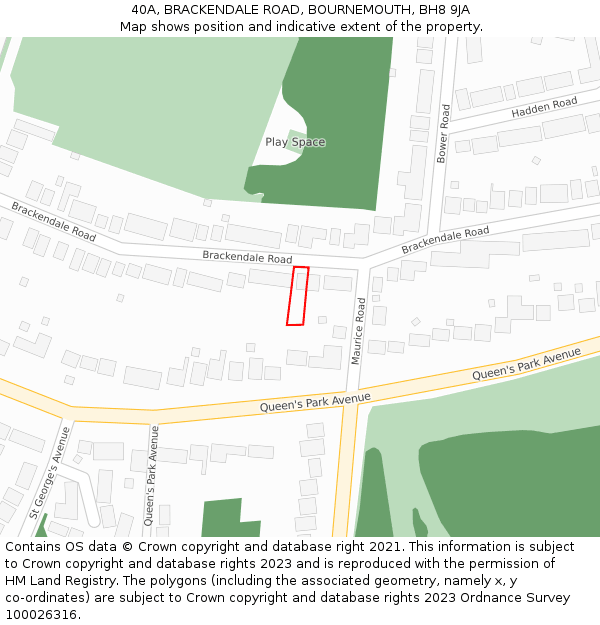 40A, BRACKENDALE ROAD, BOURNEMOUTH, BH8 9JA: Location map and indicative extent of plot