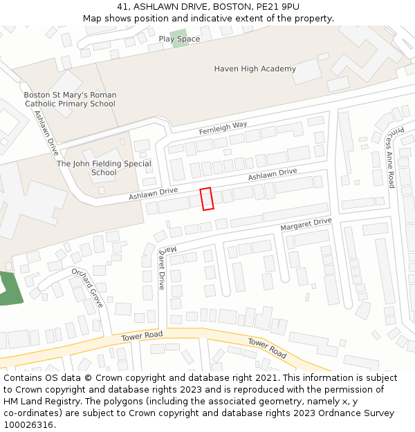 41, ASHLAWN DRIVE, BOSTON, PE21 9PU: Location map and indicative extent of plot