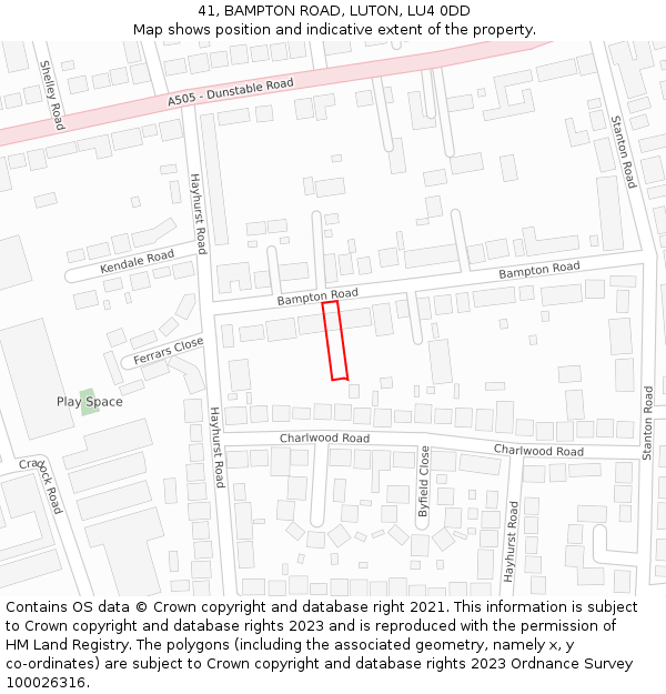41, BAMPTON ROAD, LUTON, LU4 0DD: Location map and indicative extent of plot