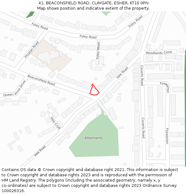 41, BEACONSFIELD ROAD, CLAYGATE, ESHER, KT10 0PN: Location map and indicative extent of plot