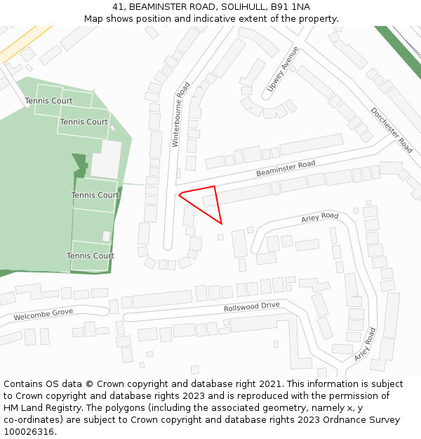 41, BEAMINSTER ROAD, SOLIHULL, B91 1NA: Location map and indicative extent of plot