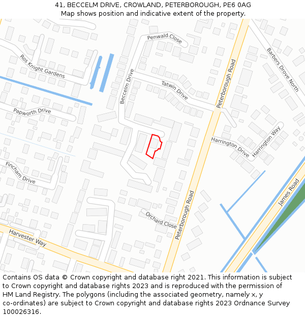 41, BECCELM DRIVE, CROWLAND, PETERBOROUGH, PE6 0AG: Location map and indicative extent of plot