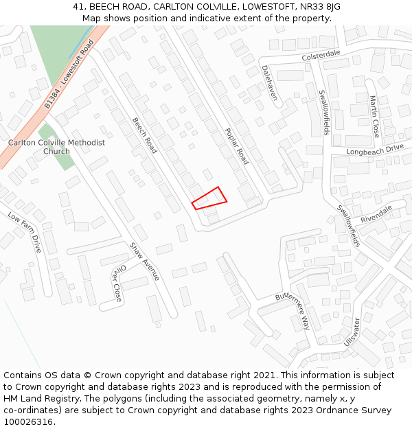 41, BEECH ROAD, CARLTON COLVILLE, LOWESTOFT, NR33 8JG: Location map and indicative extent of plot