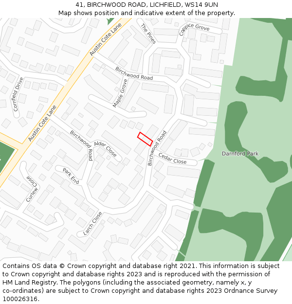 41, BIRCHWOOD ROAD, LICHFIELD, WS14 9UN: Location map and indicative extent of plot