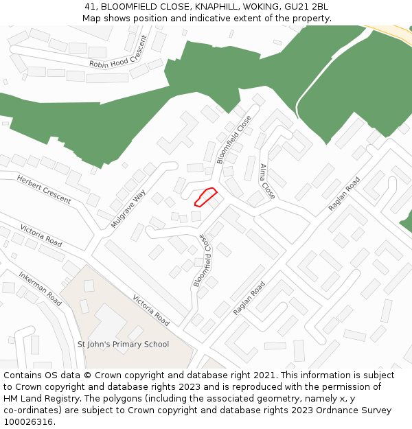 41, BLOOMFIELD CLOSE, KNAPHILL, WOKING, GU21 2BL: Location map and indicative extent of plot