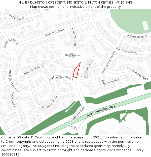 41, BRIDLINGTON CRESCENT, MONKSTON, MILTON KEYNES, MK10 9HG: Location map and indicative extent of plot