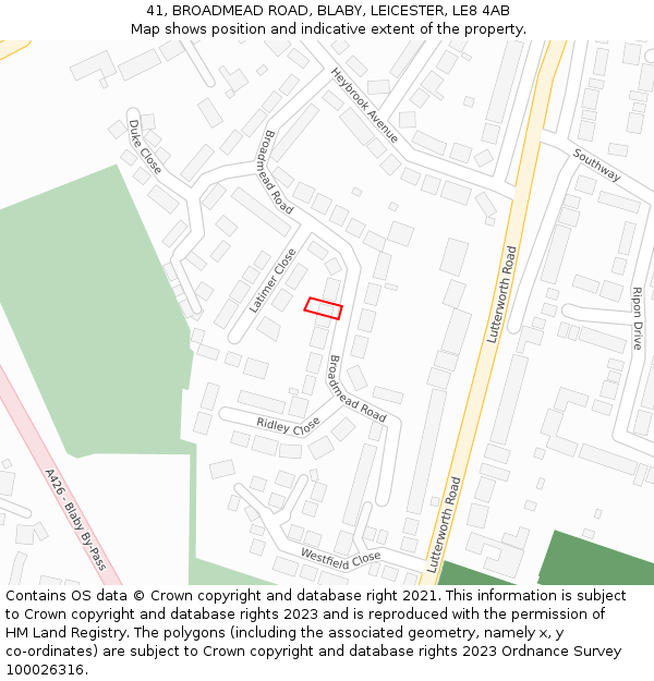 41, BROADMEAD ROAD, BLABY, LEICESTER, LE8 4AB: Location map and indicative extent of plot
