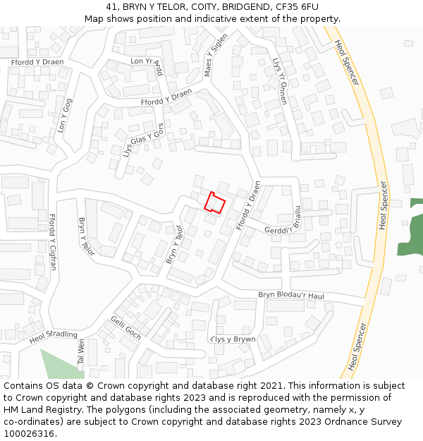 41, BRYN Y TELOR, COITY, BRIDGEND, CF35 6FU: Location map and indicative extent of plot