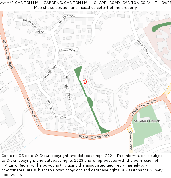 41 CARLTON HALL GARDENS, CARLTON HALL, CHAPEL ROAD, CARLTON COLVILLE, LOWESTOFT, NR33 8BL: Location map and indicative extent of plot