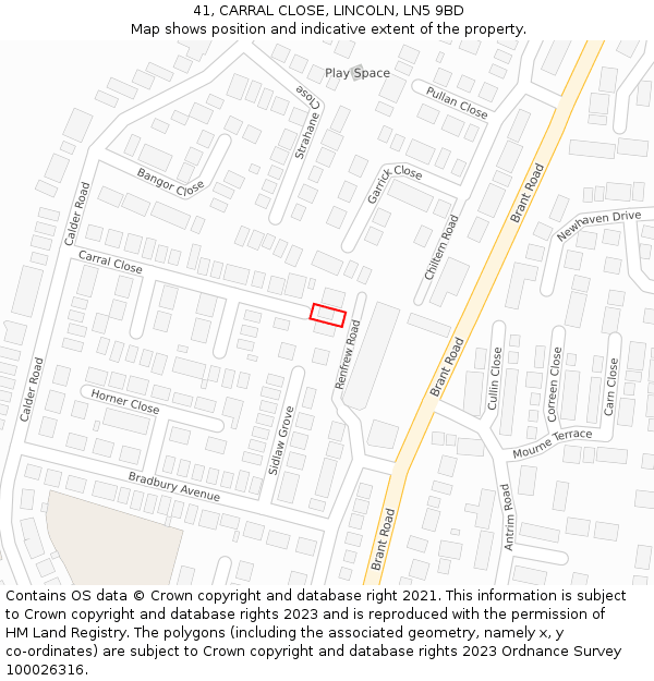 41, CARRAL CLOSE, LINCOLN, LN5 9BD: Location map and indicative extent of plot