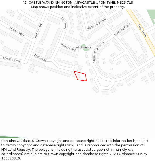 41, CASTLE WAY, DINNINGTON, NEWCASTLE UPON TYNE, NE13 7LS: Location map and indicative extent of plot