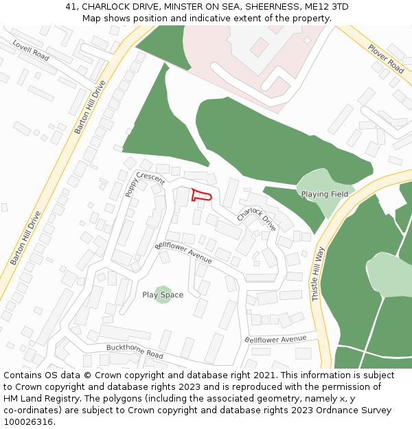 41, CHARLOCK DRIVE, MINSTER ON SEA, SHEERNESS, ME12 3TD: Location map and indicative extent of plot