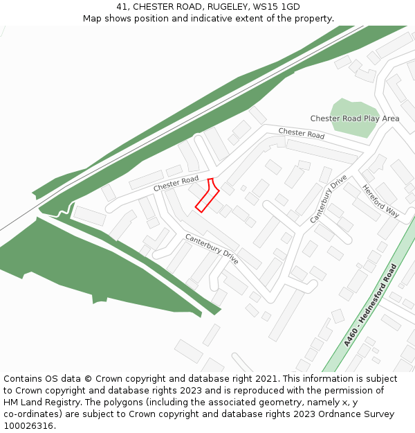 41, CHESTER ROAD, RUGELEY, WS15 1GD: Location map and indicative extent of plot
