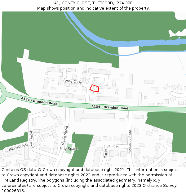 41, CONEY CLOSE, THETFORD, IP24 3PE: Location map and indicative extent of plot