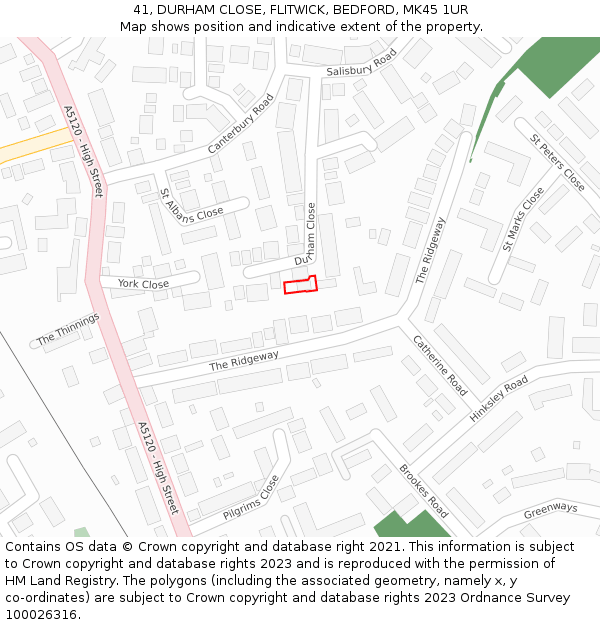 41, DURHAM CLOSE, FLITWICK, BEDFORD, MK45 1UR: Location map and indicative extent of plot