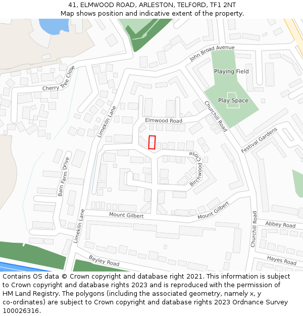 41, ELMWOOD ROAD, ARLESTON, TELFORD, TF1 2NT: Location map and indicative extent of plot