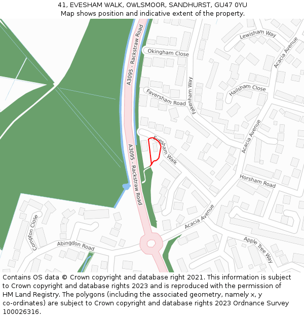 41, EVESHAM WALK, OWLSMOOR, SANDHURST, GU47 0YU: Location map and indicative extent of plot