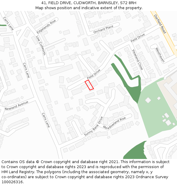 41, FIELD DRIVE, CUDWORTH, BARNSLEY, S72 8RH: Location map and indicative extent of plot