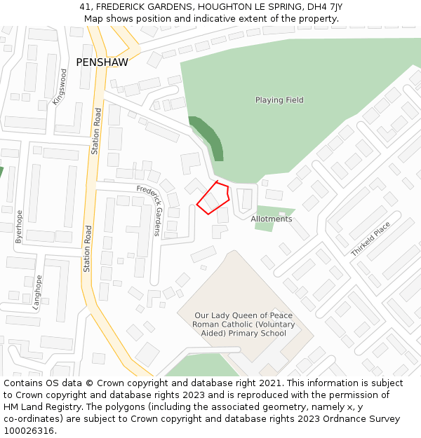 41, FREDERICK GARDENS, HOUGHTON LE SPRING, DH4 7JY: Location map and indicative extent of plot