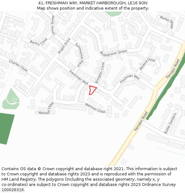 41, FRESHMAN WAY, MARKET HARBOROUGH, LE16 9GN: Location map and indicative extent of plot