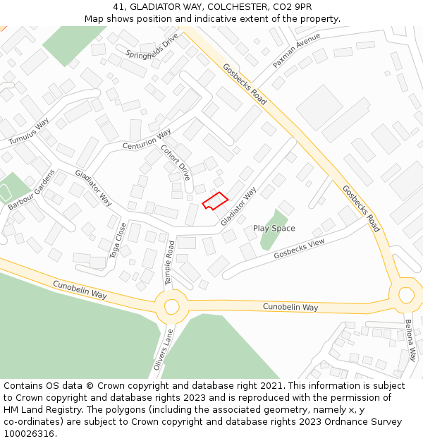 41, GLADIATOR WAY, COLCHESTER, CO2 9PR: Location map and indicative extent of plot