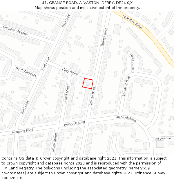 41, GRANGE ROAD, ALVASTON, DERBY, DE24 0JX: Location map and indicative extent of plot