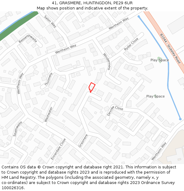 41, GRASMERE, HUNTINGDON, PE29 6UR: Location map and indicative extent of plot