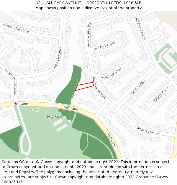 41, HALL PARK AVENUE, HORSFORTH, LEEDS, LS18 5LR: Location map and indicative extent of plot