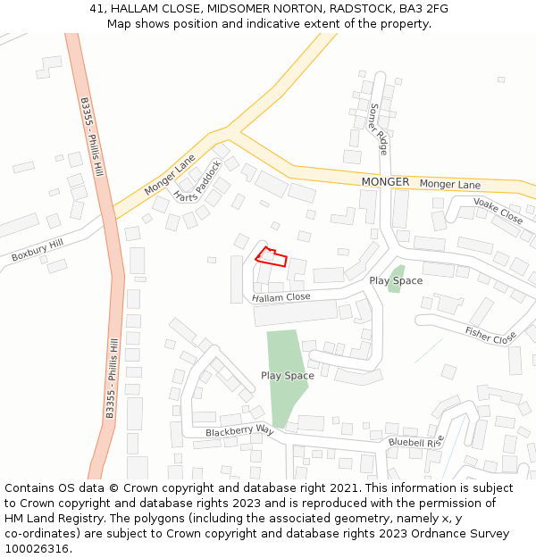 41, HALLAM CLOSE, MIDSOMER NORTON, RADSTOCK, BA3 2FG: Location map and indicative extent of plot