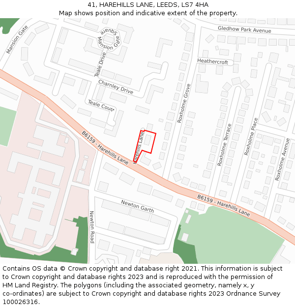 41, HAREHILLS LANE, LEEDS, LS7 4HA: Location map and indicative extent of plot