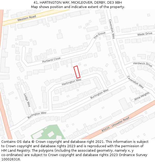 41, HARTINGTON WAY, MICKLEOVER, DERBY, DE3 9BH: Location map and indicative extent of plot