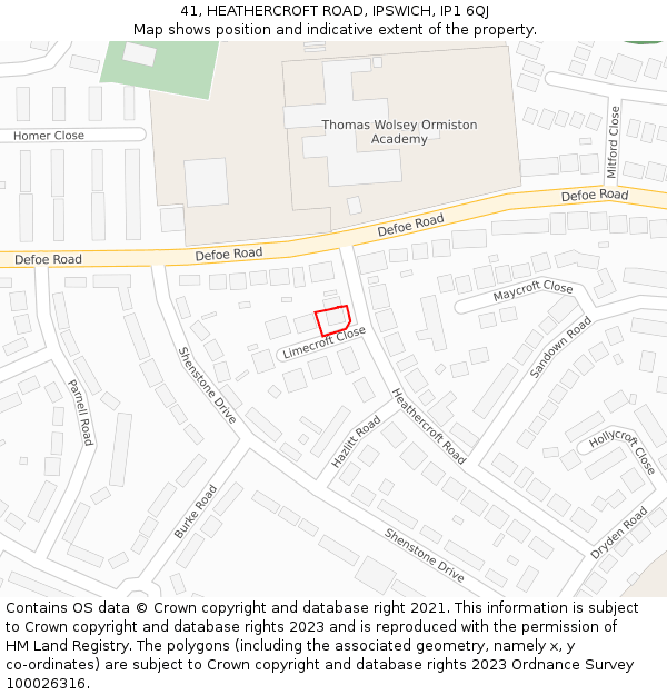41, HEATHERCROFT ROAD, IPSWICH, IP1 6QJ: Location map and indicative extent of plot