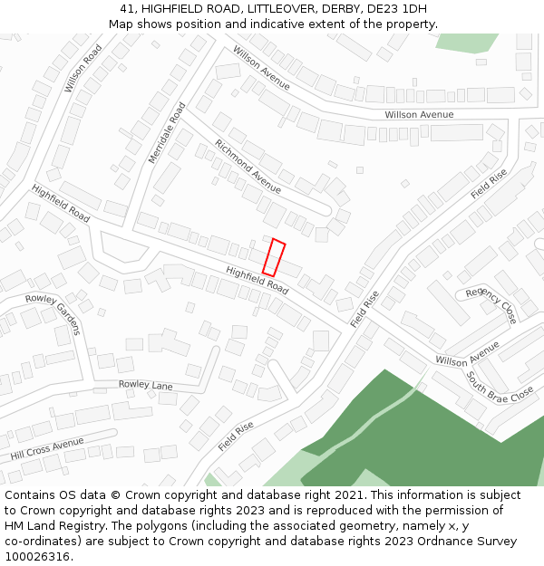 41, HIGHFIELD ROAD, LITTLEOVER, DERBY, DE23 1DH: Location map and indicative extent of plot
