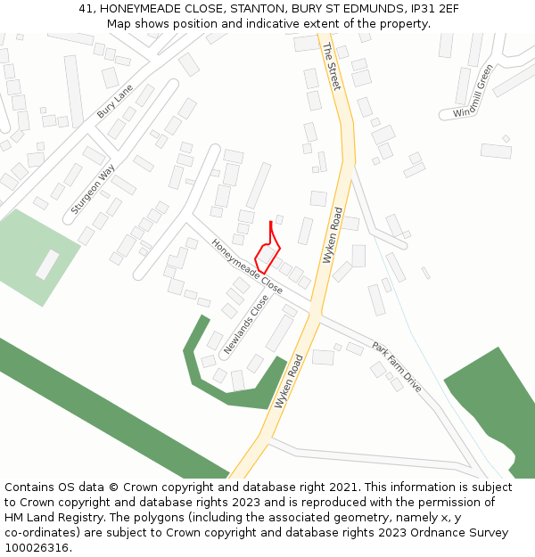 41, HONEYMEADE CLOSE, STANTON, BURY ST EDMUNDS, IP31 2EF: Location map and indicative extent of plot