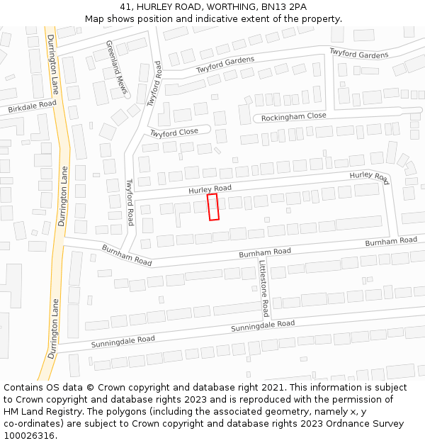 41, HURLEY ROAD, WORTHING, BN13 2PA: Location map and indicative extent of plot