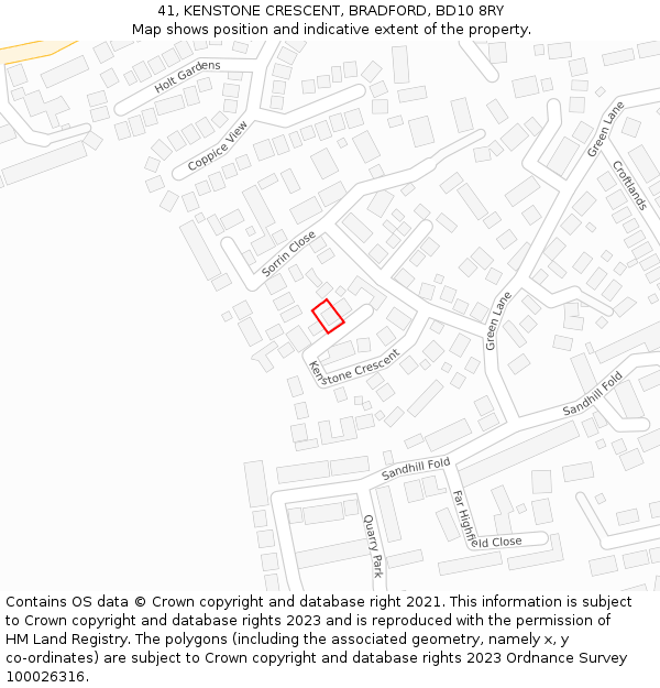 41, KENSTONE CRESCENT, BRADFORD, BD10 8RY: Location map and indicative extent of plot