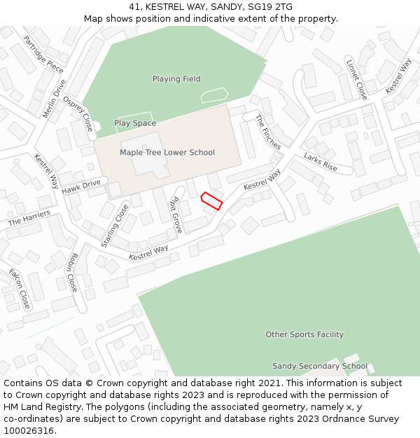 41, KESTREL WAY, SANDY, SG19 2TG: Location map and indicative extent of plot