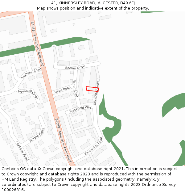 41, KINNERSLEY ROAD, ALCESTER, B49 6FJ: Location map and indicative extent of plot