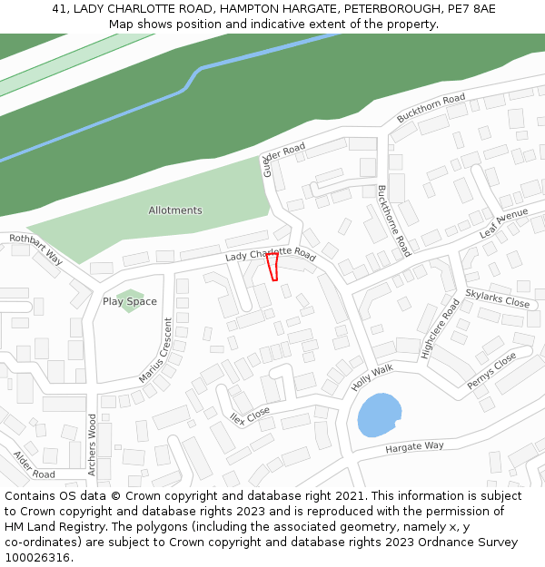 41, LADY CHARLOTTE ROAD, HAMPTON HARGATE, PETERBOROUGH, PE7 8AE: Location map and indicative extent of plot
