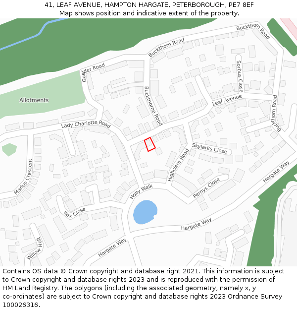 41, LEAF AVENUE, HAMPTON HARGATE, PETERBOROUGH, PE7 8EF: Location map and indicative extent of plot