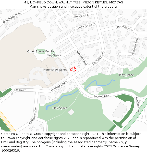 41, LICHFIELD DOWN, WALNUT TREE, MILTON KEYNES, MK7 7AS: Location map and indicative extent of plot