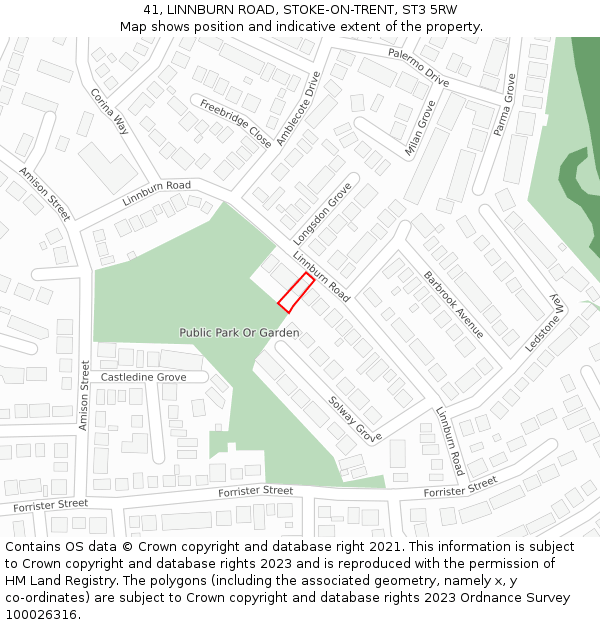 41, LINNBURN ROAD, STOKE-ON-TRENT, ST3 5RW: Location map and indicative extent of plot