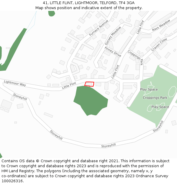 41, LITTLE FLINT, LIGHTMOOR, TELFORD, TF4 3GA: Location map and indicative extent of plot