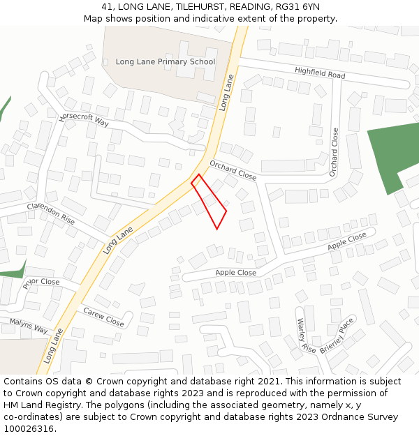 41, LONG LANE, TILEHURST, READING, RG31 6YN: Location map and indicative extent of plot