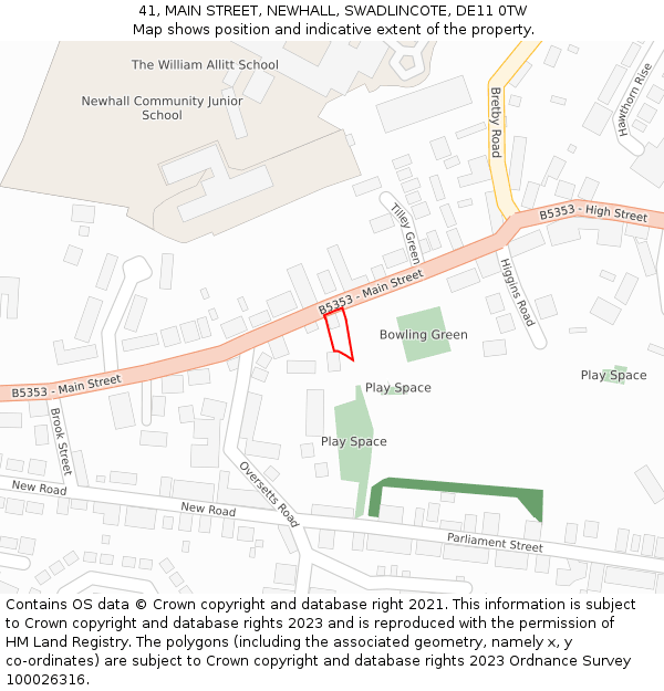 41, MAIN STREET, NEWHALL, SWADLINCOTE, DE11 0TW: Location map and indicative extent of plot