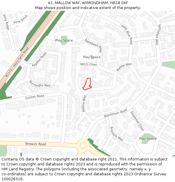 41, MALLOW WAY, WYMONDHAM, NR18 0XF: Location map and indicative extent of plot