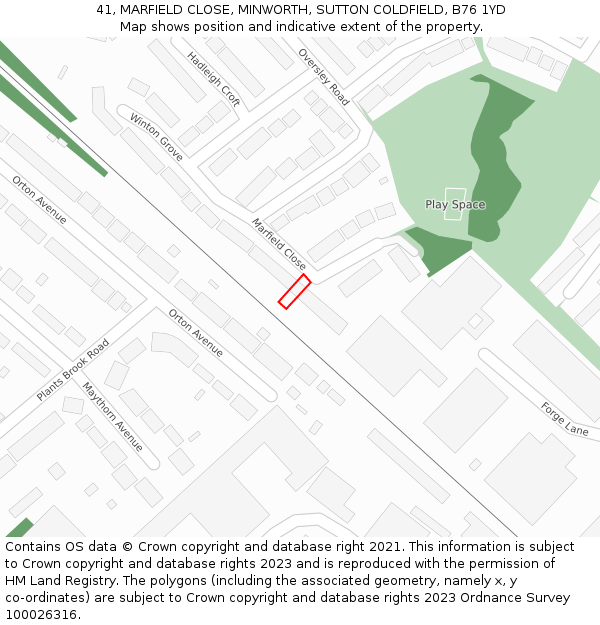 41, MARFIELD CLOSE, MINWORTH, SUTTON COLDFIELD, B76 1YD: Location map and indicative extent of plot