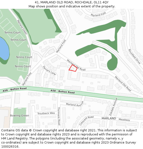41, MARLAND OLD ROAD, ROCHDALE, OL11 4QY: Location map and indicative extent of plot