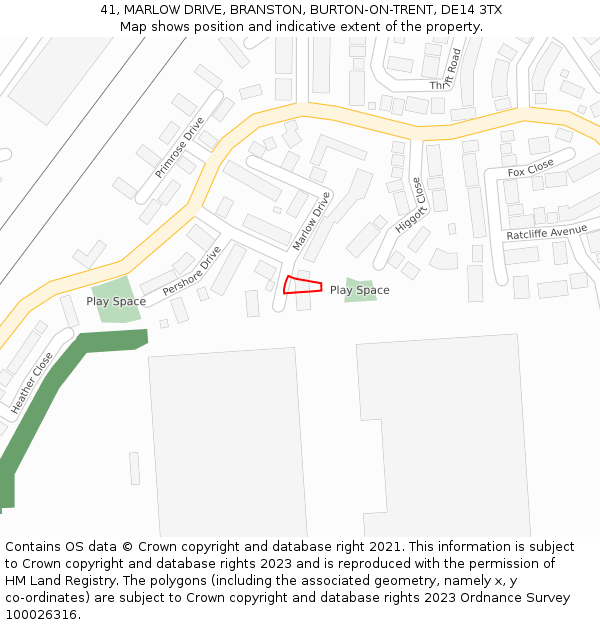 41, MARLOW DRIVE, BRANSTON, BURTON-ON-TRENT, DE14 3TX: Location map and indicative extent of plot